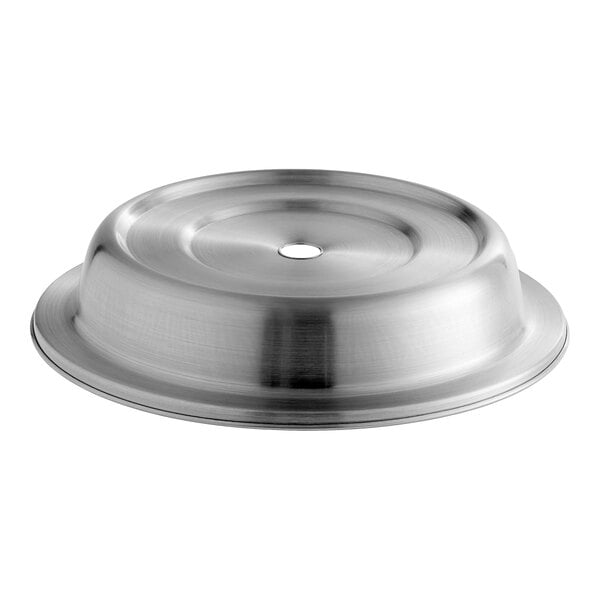 An American Metalcraft stainless steel plate cover with a hole in the center.