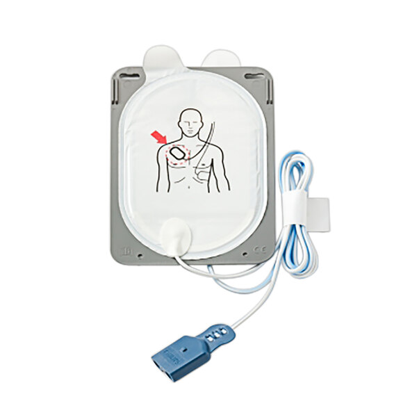 A white and blue Philips Adult / Child Electrode Smart Pad III set for a HeartStart FR3 AED with a drawing of a man's chest.