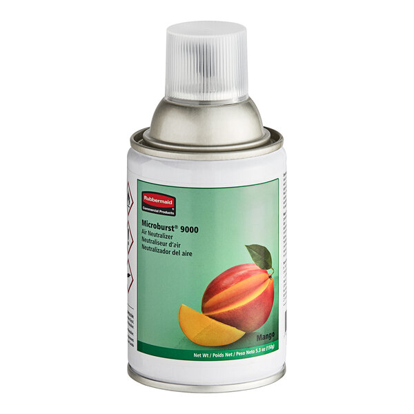 A close-up of a Rubbermaid Microburst 9000 aerosol air freshener refill can with a mango on the label.