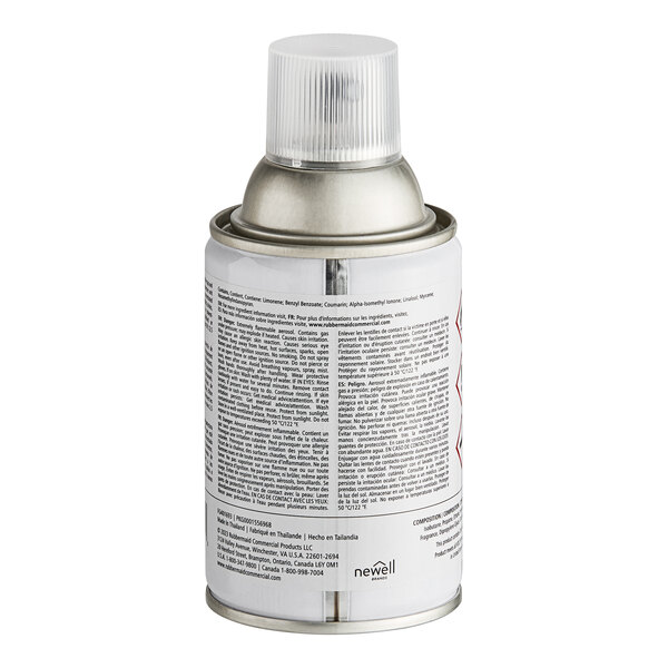 A close-up of a Rubbermaid Microburst 9000 Mango aerosol spray can with a white label.