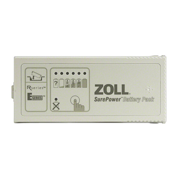 A white Zoll SurePower lithium-ion battery pack with black text.