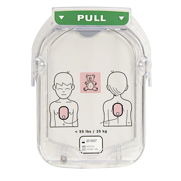 A plastic Philips container of child electrodes for a Philips HeartStart AED.