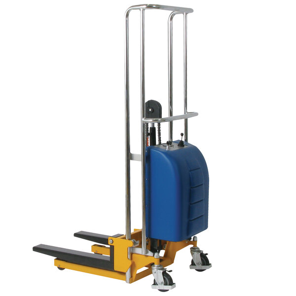 A blue and black Wesco Industrial Products electric fork lift with yellow details and black wheels.