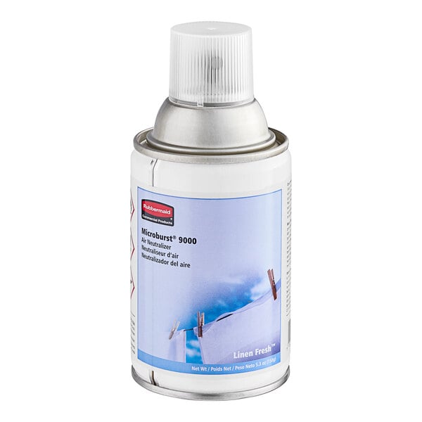 A Rubbermaid Microburst 9000 Linen Fresh air freshener refill can.