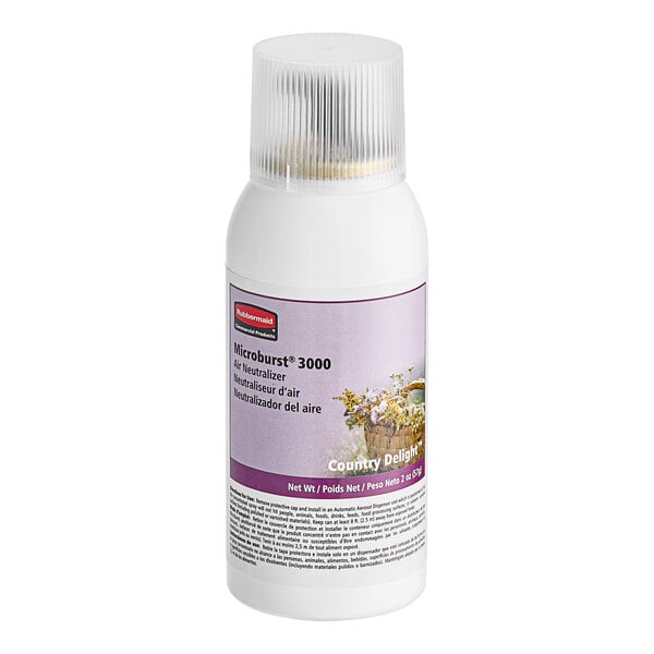 A white bottle of Rubbermaid Country Delight air freshener refill with a purple label.
