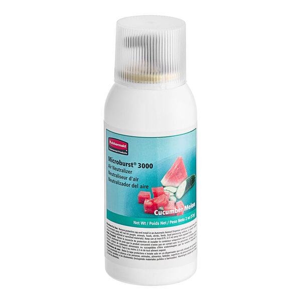 A white bottle of Rubbermaid Cucumber Melon air freshener refill with a white label.