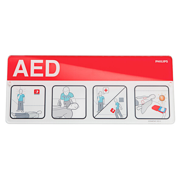 A red and white sign for AED awareness with pictures of people.