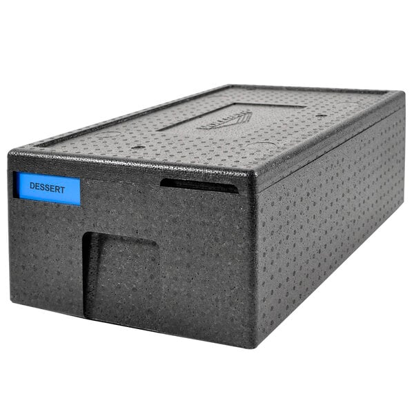 A black rectangular Vollrath EPP insulated food pan carrier with a blue label.