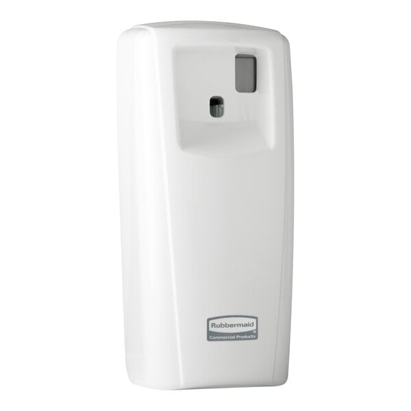 A white rectangular Rubbermaid air freshener dispenser with a button.