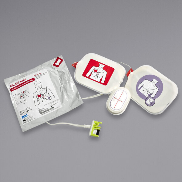 A white package of Zoll Adult CPR-Stat-Padz with a cable attached.