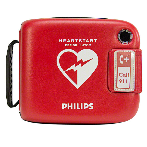 A red Philips semi-rigid case with a white heart and logo.