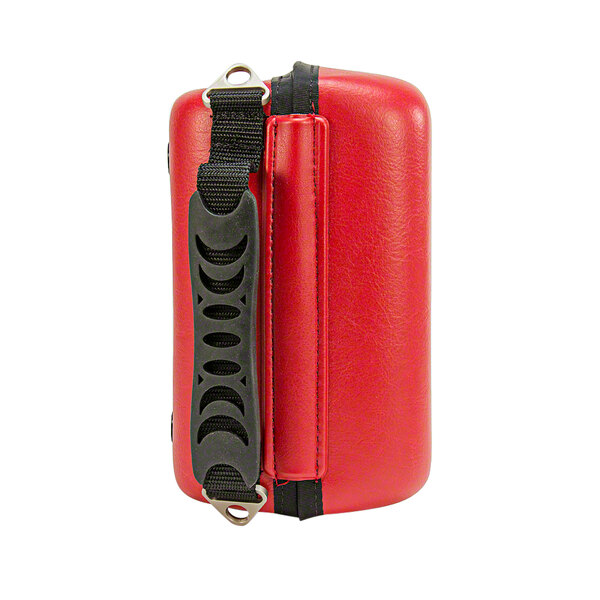 A red semi-rigid case for a Philips HeartStart FRx AED with a black strap.