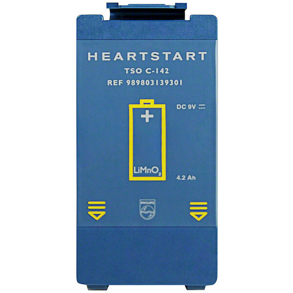 A blue Philips aviation battery for HeartStart FRx AEDs with a yellow label featuring the Philips logo.