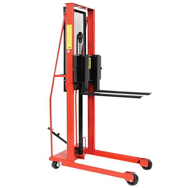 A red and black Wesco Industrial Products fork stacker.