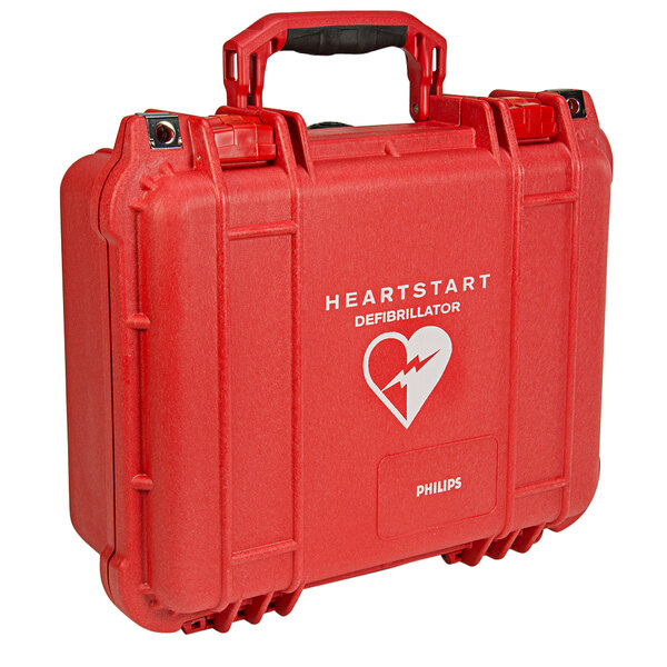 A red Philips watertight hard case with the HeartStart logo on it.