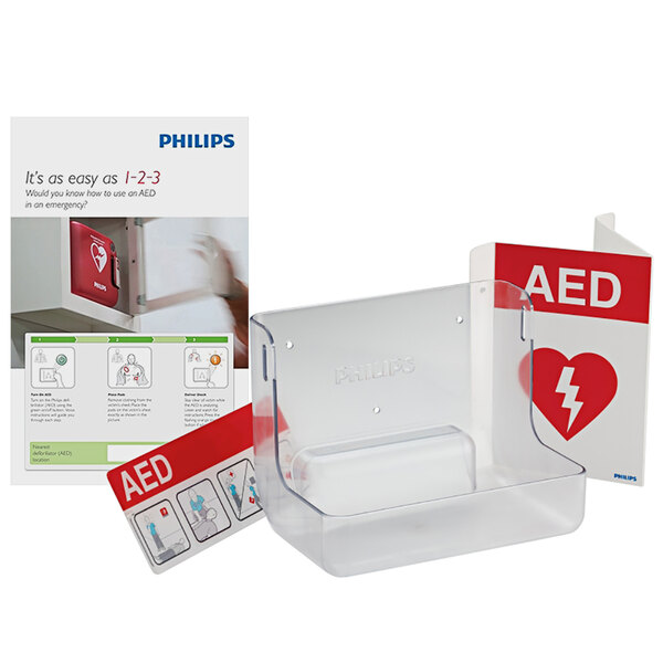 A clear plastic container with a red and white Philips AED Awareness sign and wall bracket bundle.