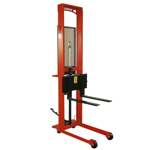 A Wesco Industrial Products hydraulic lift truck with red and black accents.