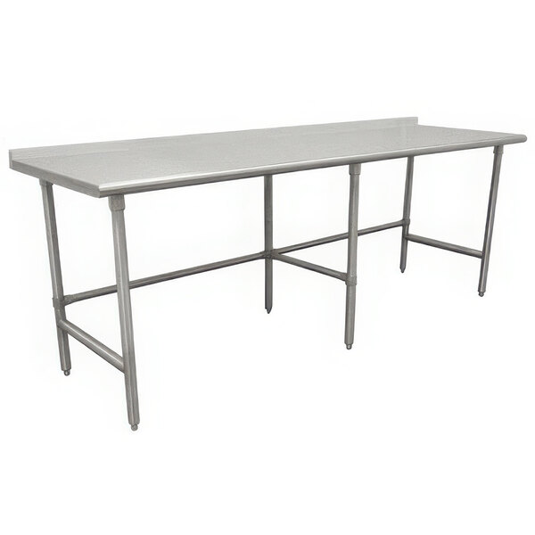 A stainless steel Advance Tabco work table with an open base.