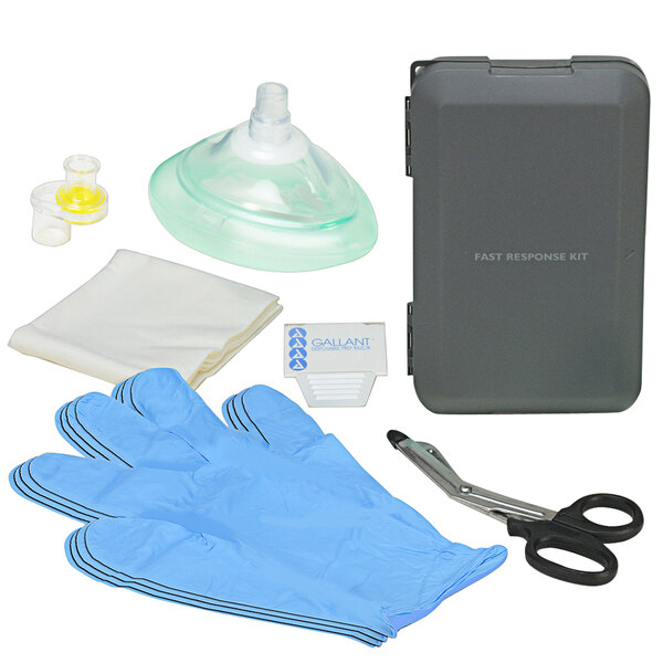 A Philips Fast Response Kit for HeartStart FR3 AEDs with gloves, scissors, and a mask.