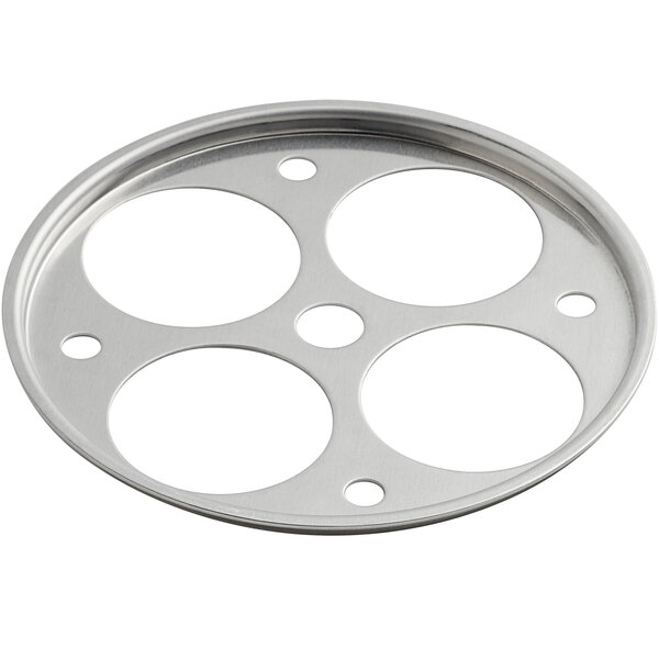 A white and stainless steel circular Vollrath egg poacher inset with four holes.