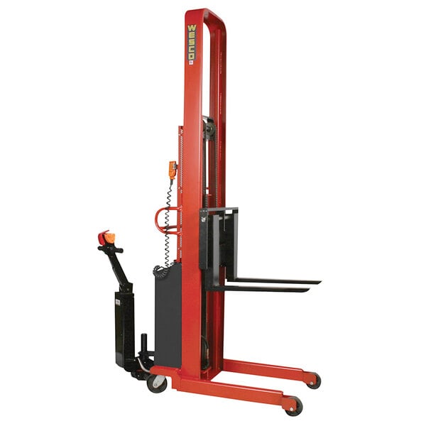 A red and black Wesco Industrial Products Power Lift Fork Stacker with 25" forks.