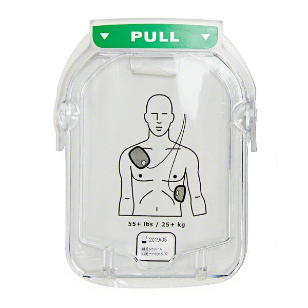 A clear plastic case containing Philips Smart Adult Electrode Cartridges for HeartStart AEDs.