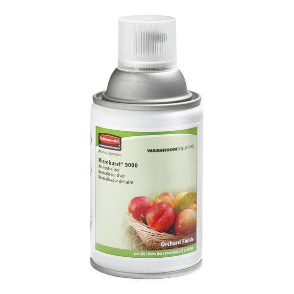 A close-up of a Rubbermaid® Orchard Fields Metered Aerosol Air Freshener Refill can with a label on it.
