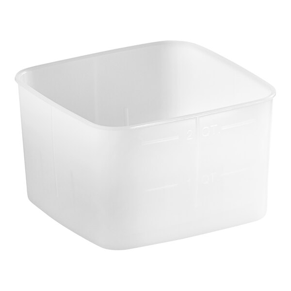 A white, square, 2-quart polyethylene food storage container.