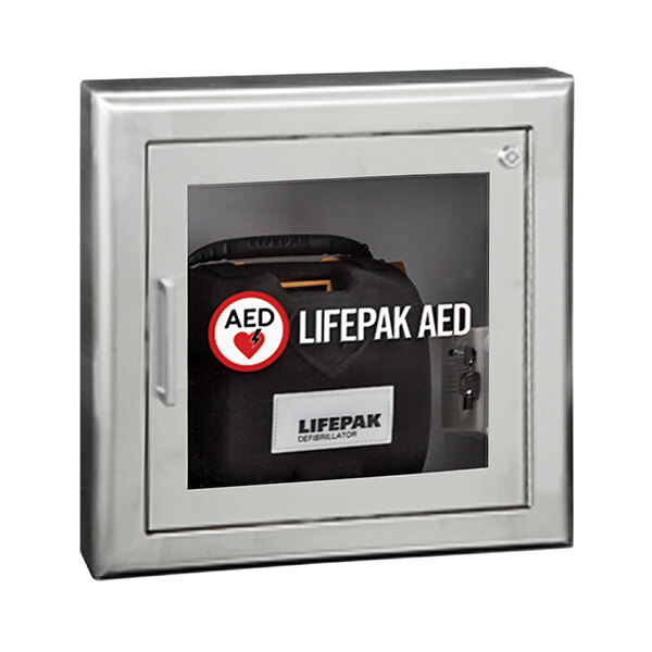 A silver stainless steel box with a red and white AED logo on a black bag inside.