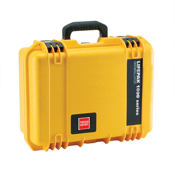 A yellow plastic Watertight Hard Case with black handles for a Physio-Control LIFEPAK 1000 AED.