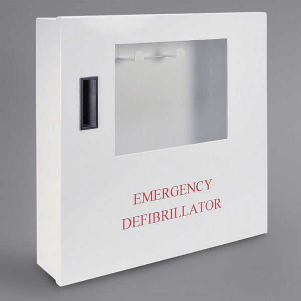 A white Defibtech surface mount cabinet with a clear window.