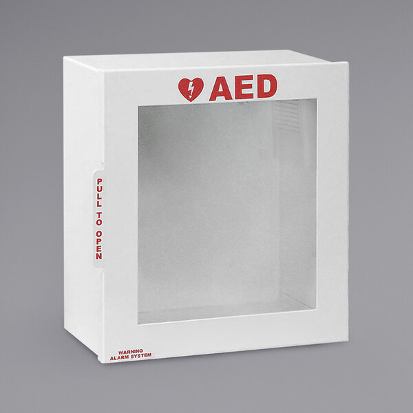 A white rectangular HeartSine AED cabinet with a transparent window and a red heart on it.