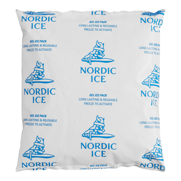 A Nordic Ice 16 oz. gel cold pack in a white plastic pouch with blue branding and instructions, measuring 6 1/2 by 5 1/2 by 1 inches.