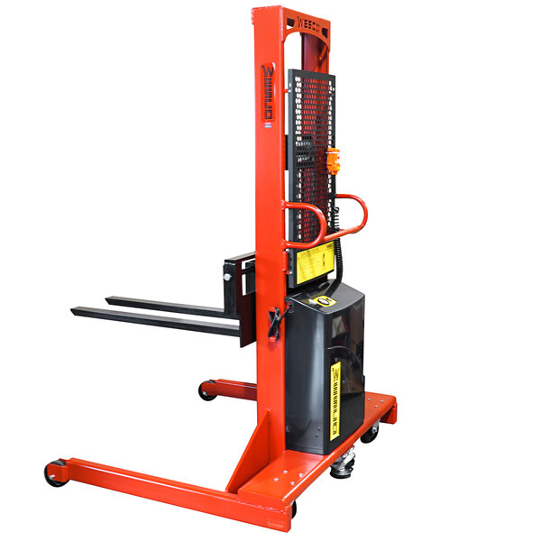 A red and black Wesco Industrial Products hydraulic lift with a handle.