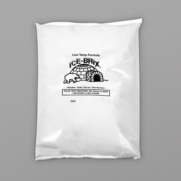 A white plastic bag with the Polar Tech logo containing 12 Polar Tech Ice Brix cold packs.