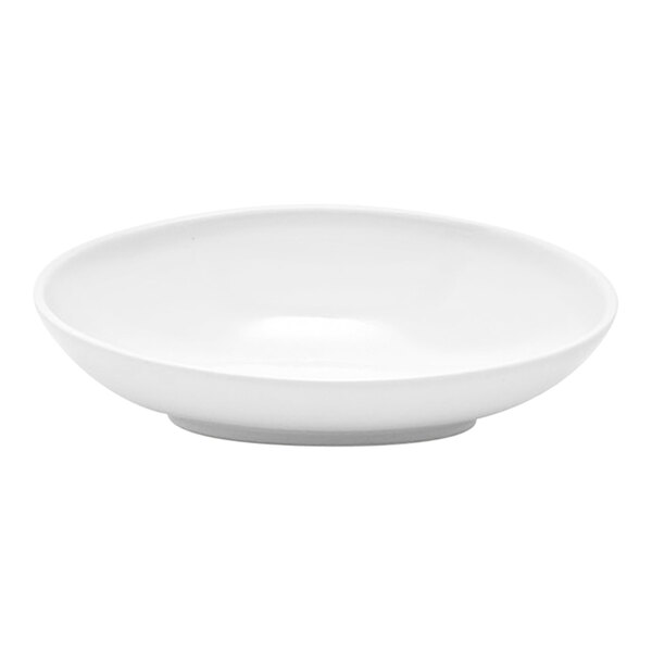 A white oval slanted porcelain bowl.