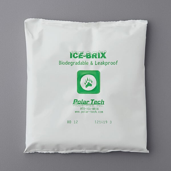A white package with green text for Polar Tech BD12 biodegradable cold packs.