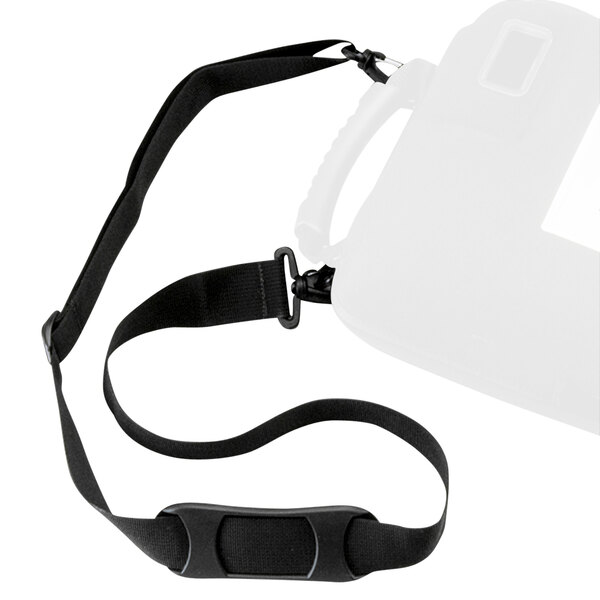A black strap on a white case with a white plastic container.