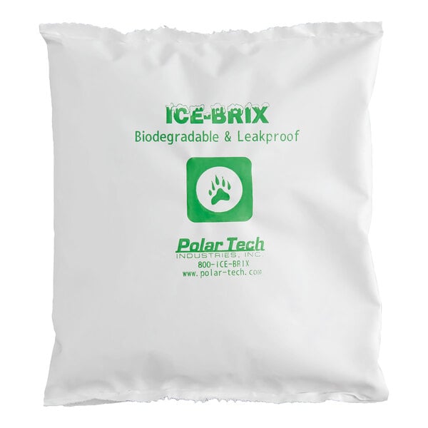 A biodegradable and leakproof 16 oz. cold pack from Polar Tech labeled 'Ice-Brix.'