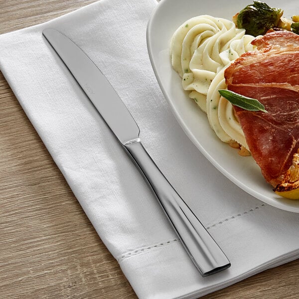 An Acopa stainless steel dinner knife on a plate of food on a table.