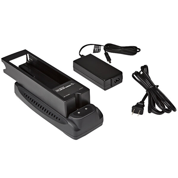 A black rectangular Physio-Control battery charger with a power cord.