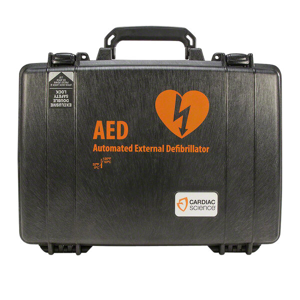 A black plastic Cardiac Science AED case with text and a heart on it.