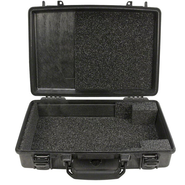 A black Cardiac Science watertight hard case with a handle.