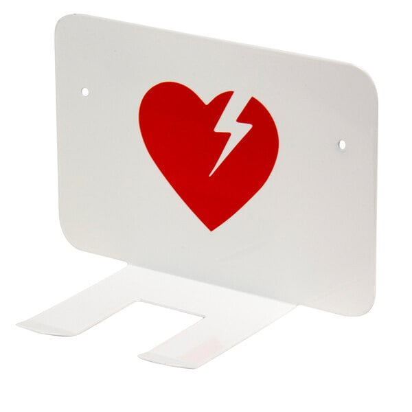 A white wall mounting bracket for a Physio-Control AED with a red heart and lightning bolt.