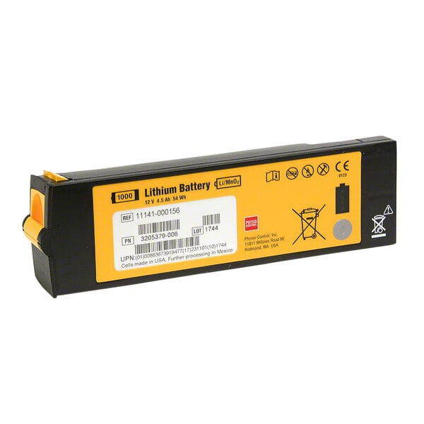 A yellow Physio-Control lithium battery with a yellow label.