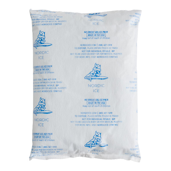 A rectangular Nordic Ice no sweat gel cold pack in a white pouch with blue text and graphics.