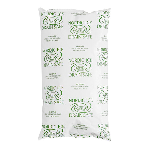 A rectangular Nordic Ice Drain Safe gel cold pack in a white and green printed plastic pouch.