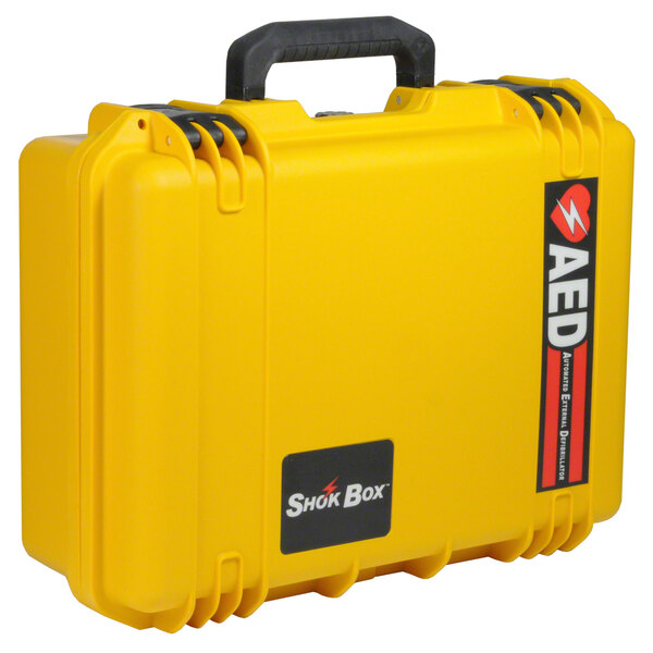 A yellow watertight hard case with the word "AED" on it.