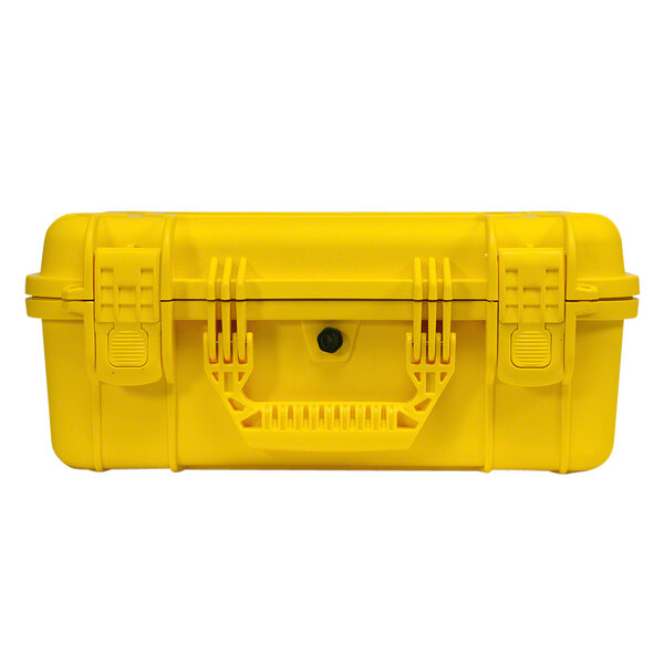 A yellow plastic Defibtech Shok Box case.