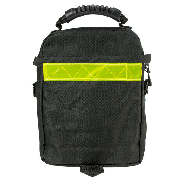 A black soft case for a Defibtech Lifeline AED with a yellow strip.